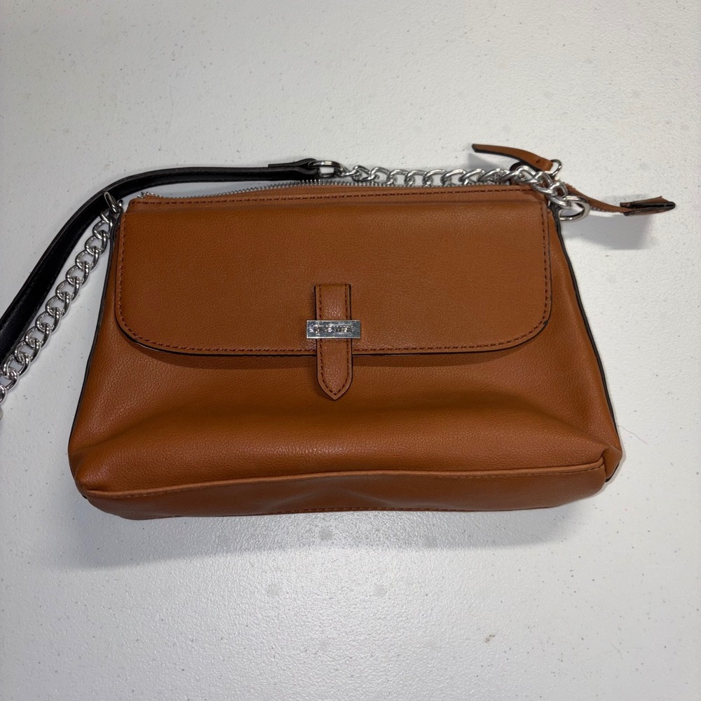 Nine West Cognac Brown Crossbody Bag Silver Chain Strap Faux Leather Purse